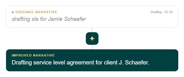 AI Narrative Assistance improving a time entry narrative screenshot